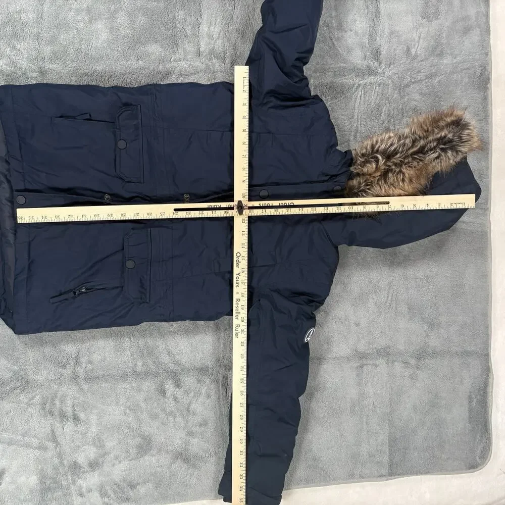 Lands' End Kids Winter Parka Coat L 10-12 Navy Down Faux Fur Hood